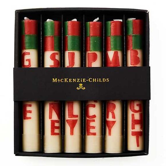 MACKENZIE-CHILDS Merry & Bright Mini Dinner Candles Set of 6 Holiday Decor NEW - Picture 1 of 2